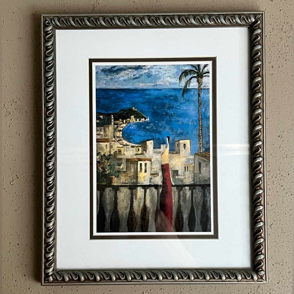 Pewter framed Art palm tree 🌴small village on the ocean size 14 x 17.5